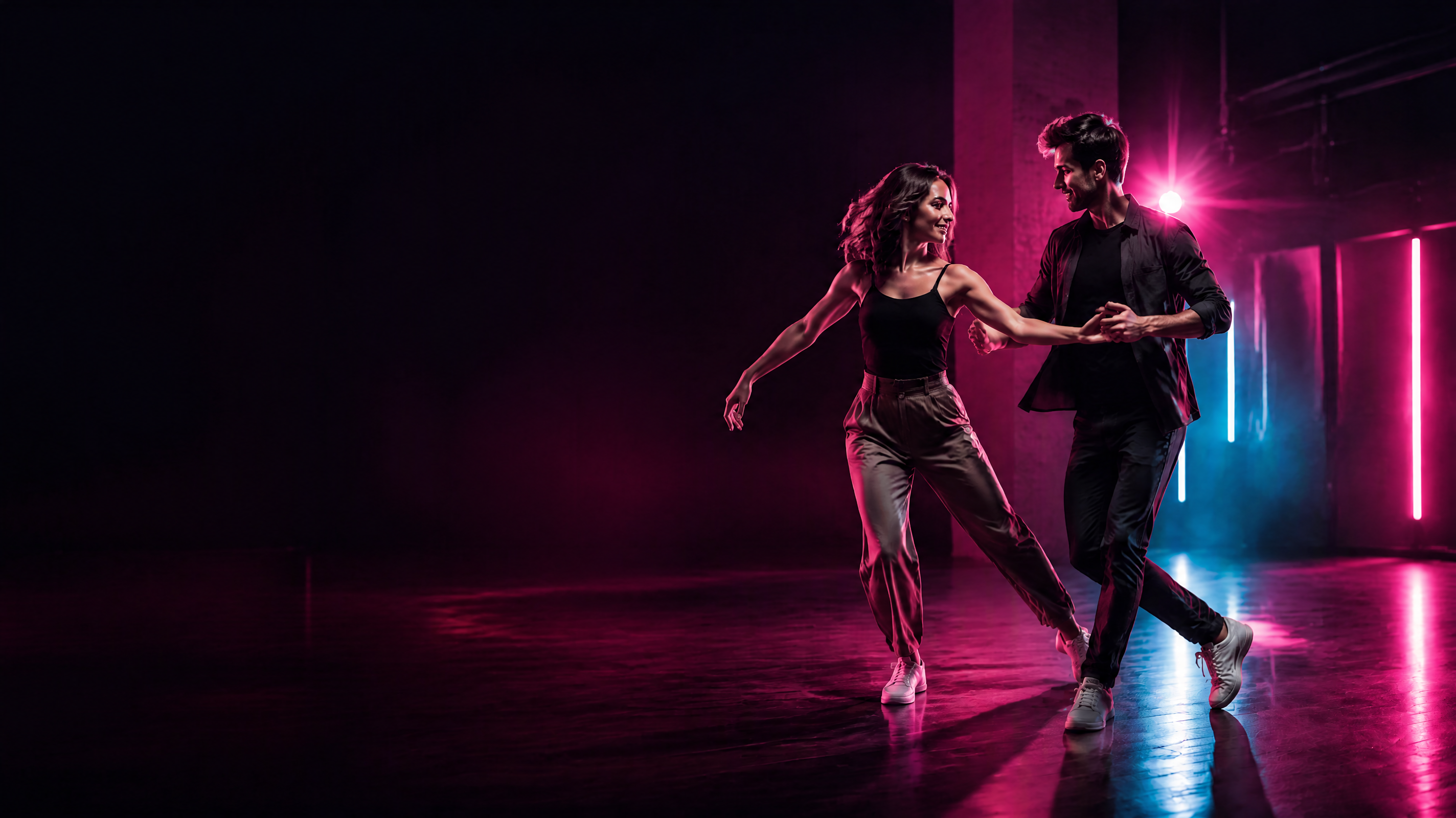 Dos personas bailando West Coast Swing en un estudio con iluminación magenta y azul